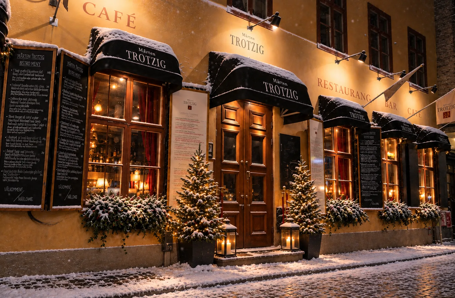 Entré: snöig fasad med julgranar och lyktor vid entrén till Mårten Trotzig i Gamla Stan